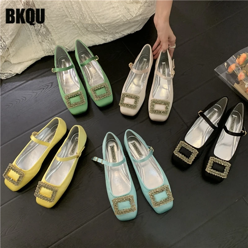 

2022 Women Mary Janes Square Toe Buckle Straps Ladies Crystal New Summer Autumn Design Flats Female Fashion Vintage Shoes Dress