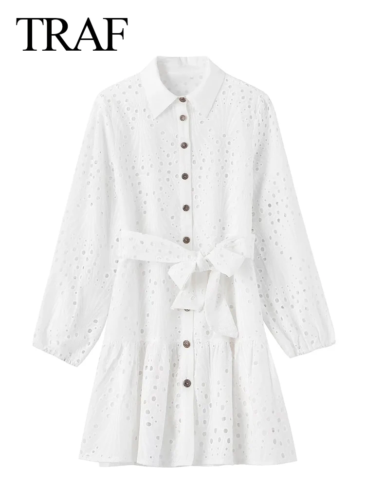 

Элегантное яркое однотонное белое платье-рубашка TRAF с отложным воротником, однобортное Короткое женское платье с длинным рукавом и бантом ...