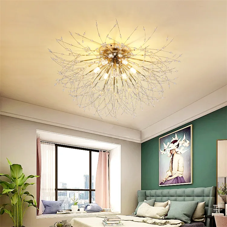 

Crystal Flush Mount Chandelier Light LED G9 Nordic Stainless Steel Dandelion Ceiling Lamp Art Deco Study Bedroom Hotel ZM1120