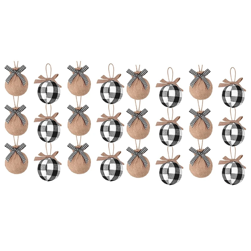 

JFBL Hot Christmas Tree Ornaments, 24 Pcs 2-1/2 Inches White Black Buffalo Check Plaid Stitching Burlap Christmas Decorations
