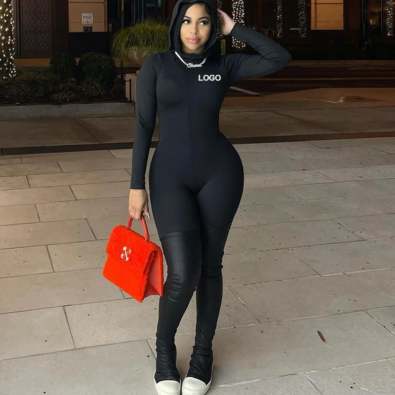 

Custom Plain Onesie Long Sleeves Black Bodysuit Skinny Hoodie Fall Jumpsuits Romper Women Ladies Clothing 2022 combinaison femme