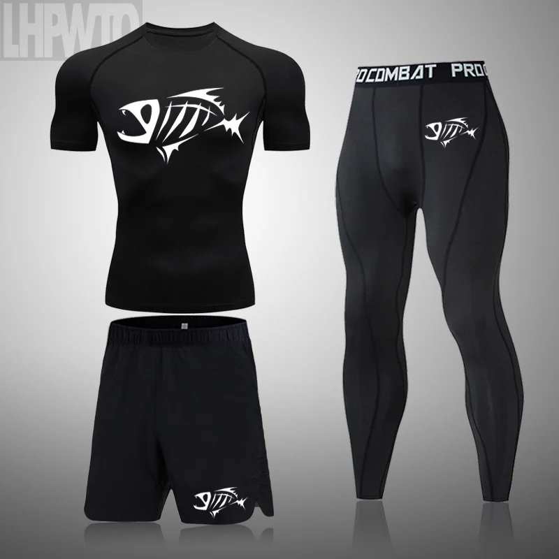 

Men's Clothing Summer Gym Workout Suit Short-sleeved Fitness Leggings Quick Dry Compression sportswear Bodybuilding T-Shirt