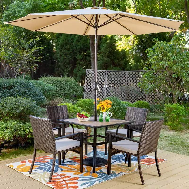 

Outdoor Patio Wicker Dining Set with 10 ft Umbrella for 4-Person, Dark Brown&Beige