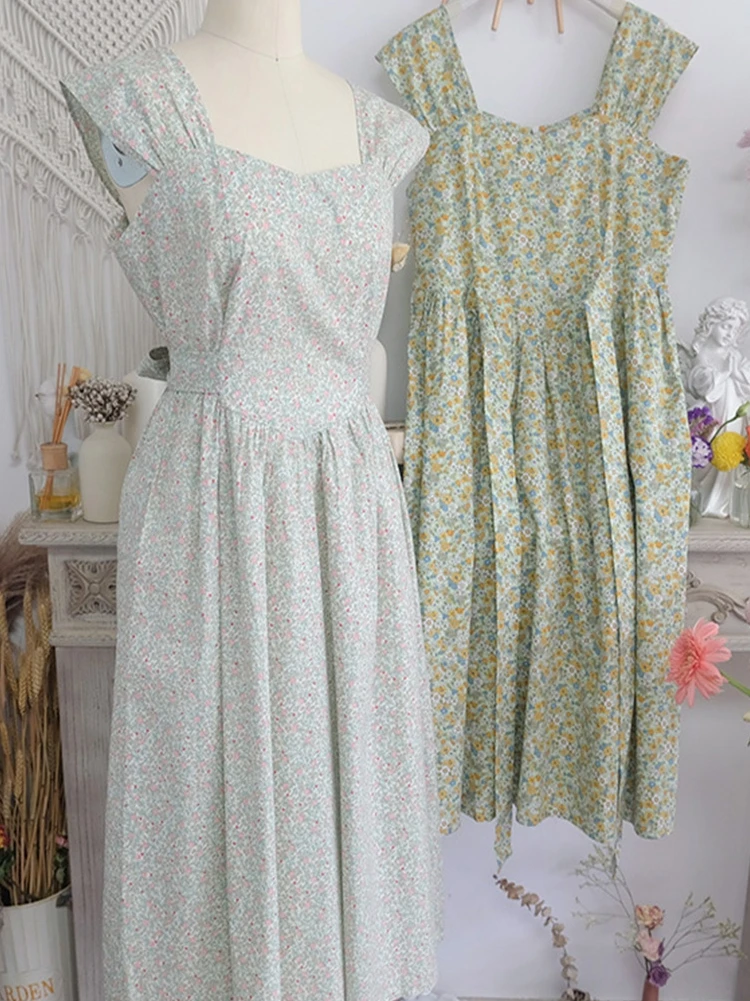 Spring Summer Women Loose Plus Size Vintage Style Elegant Lady Romantic Blue Floral Print Handmade Cotton Sleeveless Dresses