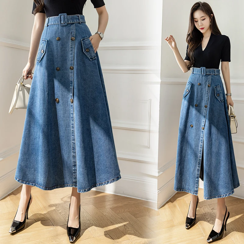 

New Spring Summer Style Women Skirts Elastic High Waist Whit Belt Double Button Pocket MD-Long For Females Denim Middle Hemline