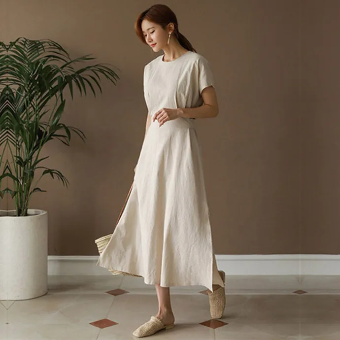 

COIGARSAM Dresses Women 2022 New Cotton Linen O-Neck High Waist Belt Army Green Dark Blue Meters Apricot Dress Dropshipping