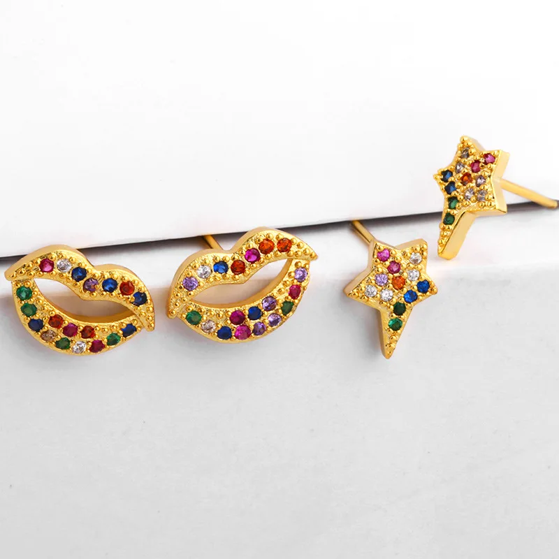 

Tiny Trendy Stud Earring Rainbow Multicolor Micro Pave Zirconia Lips stars Personalize Women's Earrings Fine Charm Jewelry Gift