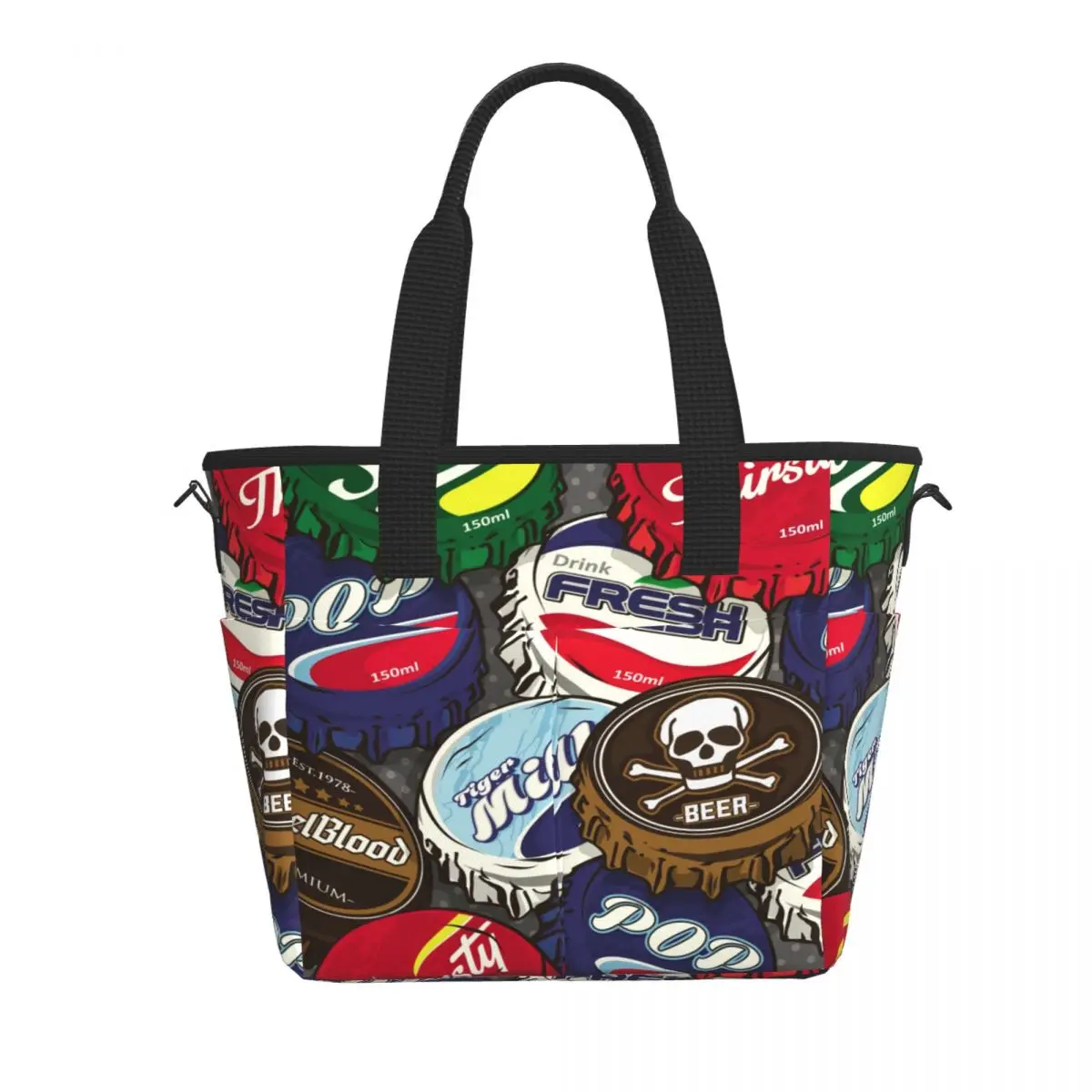 

Travel Insulated Lunch Bag Retro Classic Popular Bottle Caps Print Large Capacity Food Case for Picnic