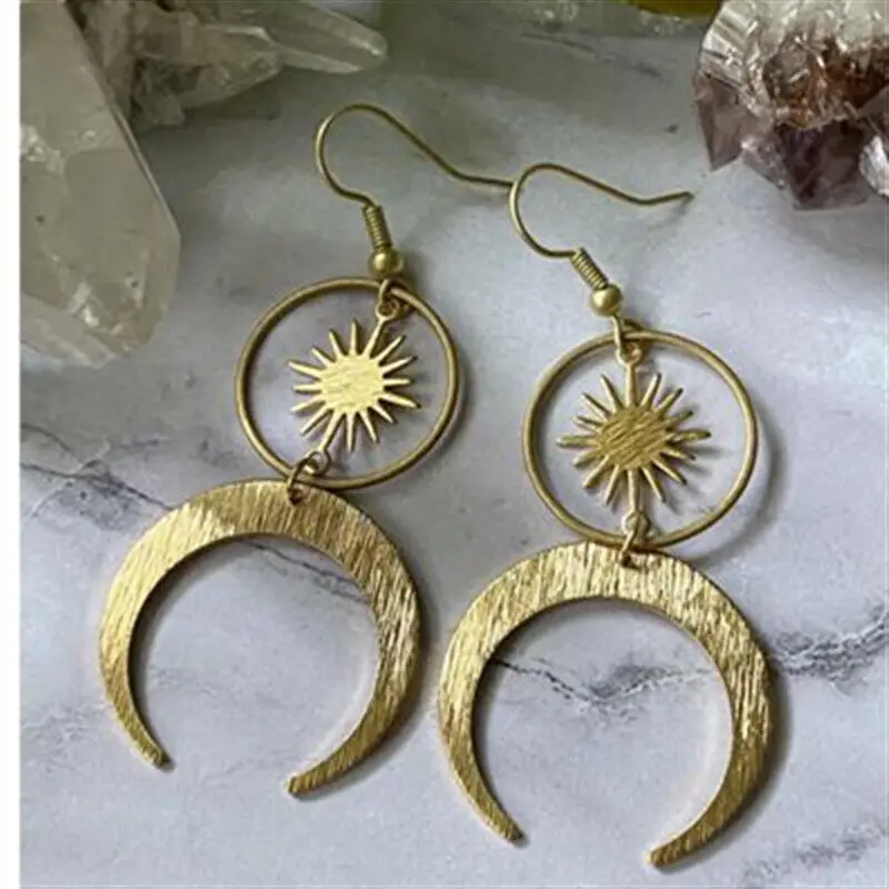 

Celestial Sun and Moon Earrings Crescent Phase Boho Witchy Brass or Antique Gold Color Jewelry 2022 New Women Gift Girlfriend