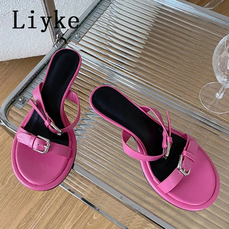 

Liyke 2022 New Green Round Open Toe Narrow Band Slippers Slides Summer Fashion Buckle Strap Sandals Women Shoes Low Heels Mules