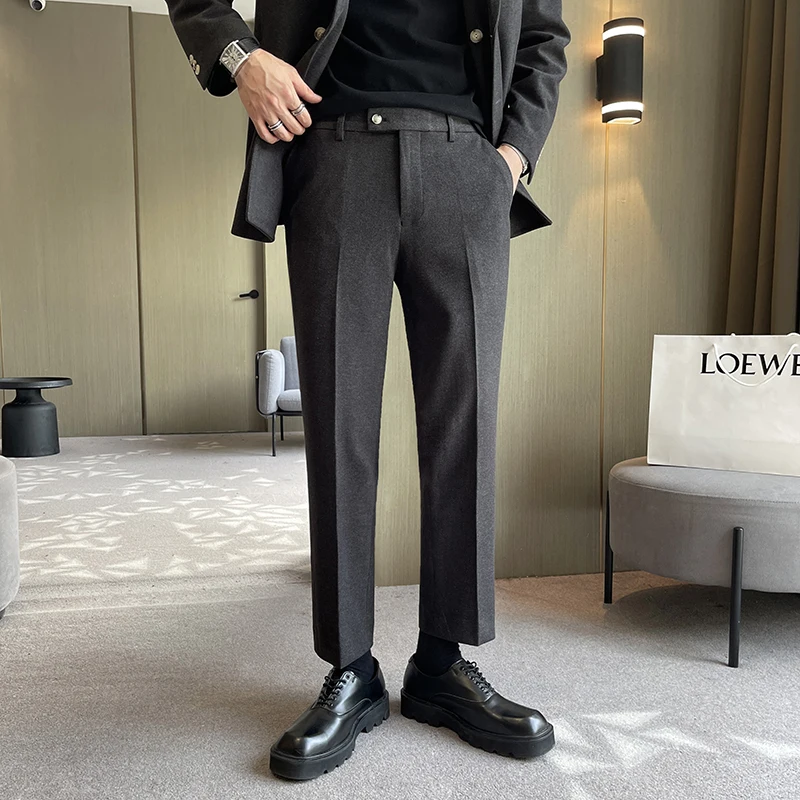

Осень-зима 2021, шерстяные деловые брюки для мужчин, винтажная уличная одежда, повседневные брюки, строгие мужские брюки
