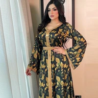 wepbel gown evening dress islamic clothing women dubai print abaya satin long belt dress jalabiya autumn muslim turkey robe