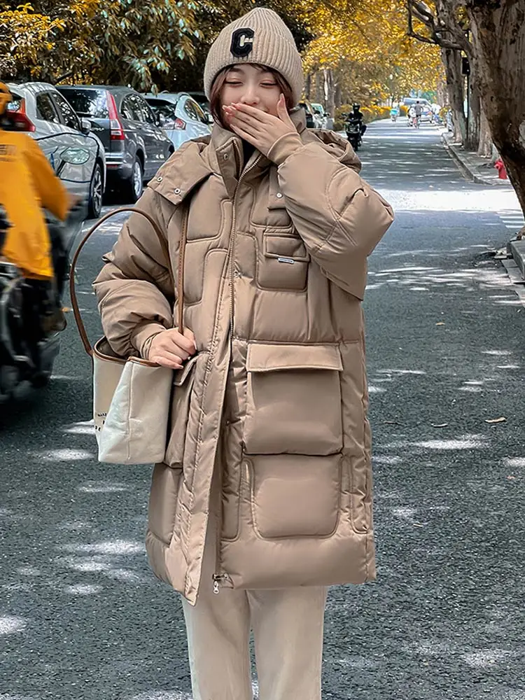 Vielleicht 2022 Casual Loose Hooded Parkas Winter Jacket Women Fashion Solid Thick Long Coat Women Elegant Cotton Padded Clothes