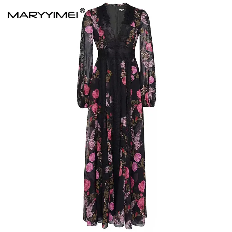 

MARYYIMEI Fashion Spring Summer Women's Dress V-neck Lantern Sleeves Patchwork Lace Floral Print Elegant Maxi long Dresses
