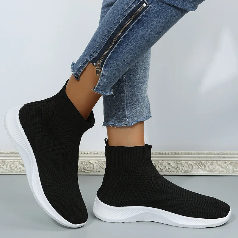 

Autumn New Socks Shoes Woman Stretch Fabric Mid-Calf Casual Platform Boots Net Red Knitted Short Boots Women Plus Size Booties43