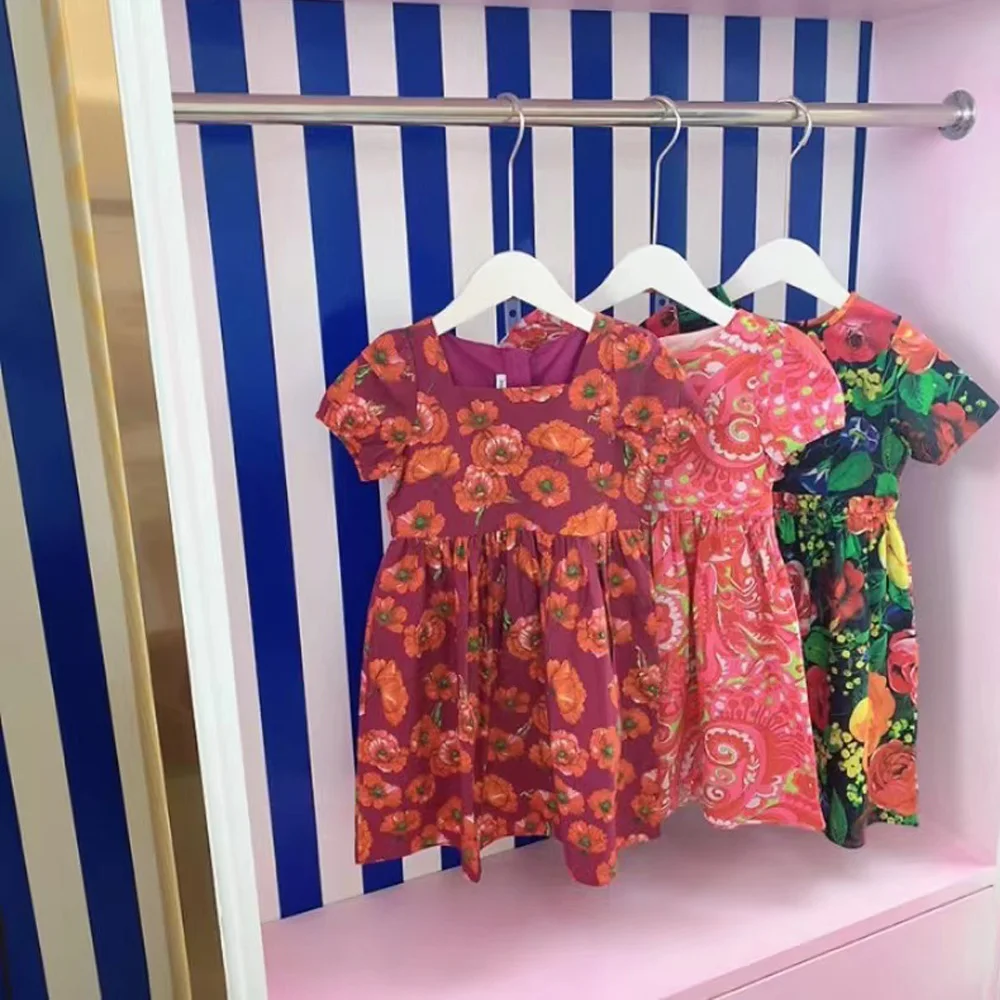 

High end children's wear 2022 summer style design girls' short sleeved dress floral pattern Summer Dress Holiday casual skirt