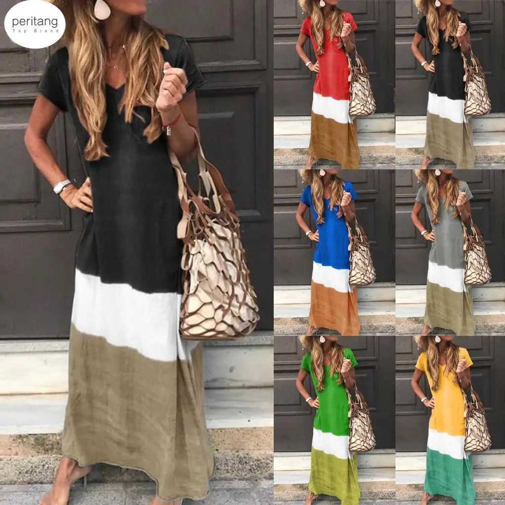 

2023 Модные женские повседневные свободные длинные платья макси с коротким рукавом и V-образным вырезом