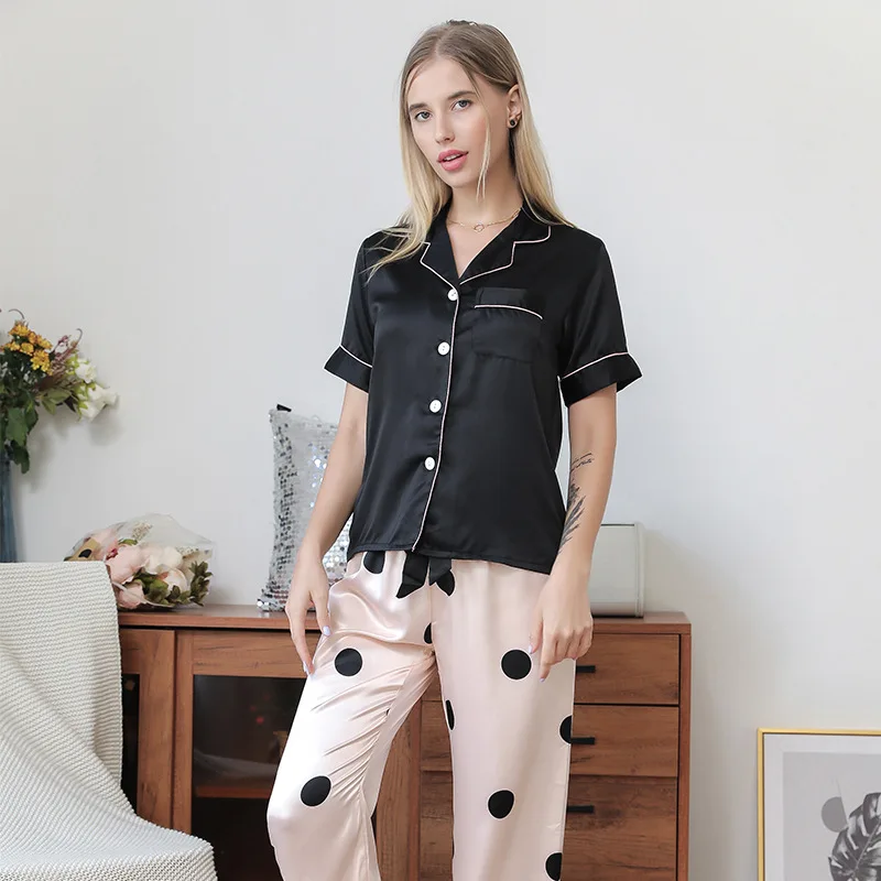 Women's Sleep Pajamas Sets Artificial Silk Suit Spring Short-Sleeved Trousers Loose High-End Homewear for Women Loungewear