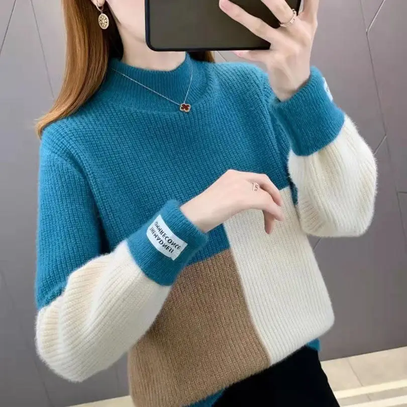 

Basic Sweater Women Velvet Inlined Knitted Pullover Mock Neck Top Spliced Autumn Winter Elastic Bottoming Shirts Warm Jumper