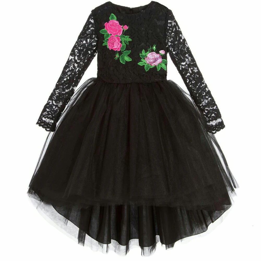 

YOTHG Children Flower Embroidery Lace Gauze Asymmetric Long Sleeve Dress Princess Dress