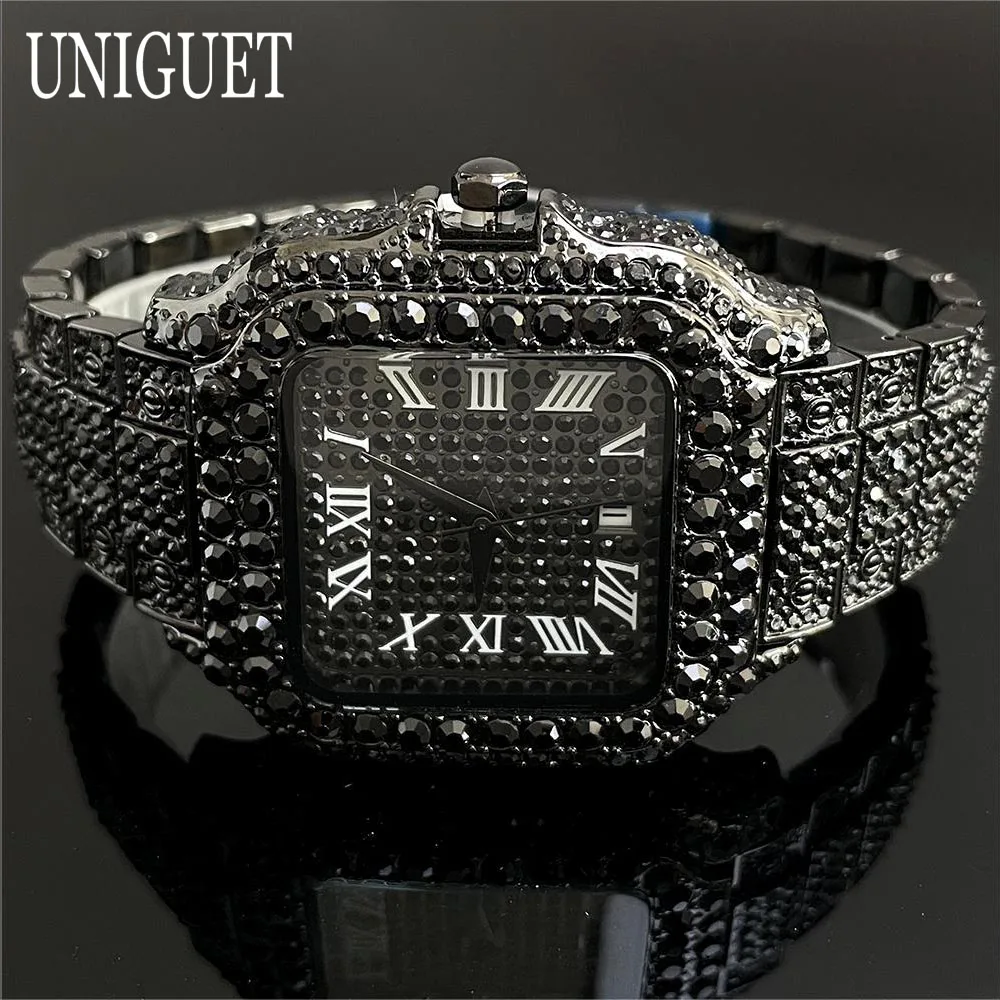 Фото UNIGUET модные мужские часы со льдом, роскошные квадратные кварцевые часы из нержавеющей стали, мужские наручные часы в стиле хип-хоп с черными бриллиантами Reloj Hombre №2