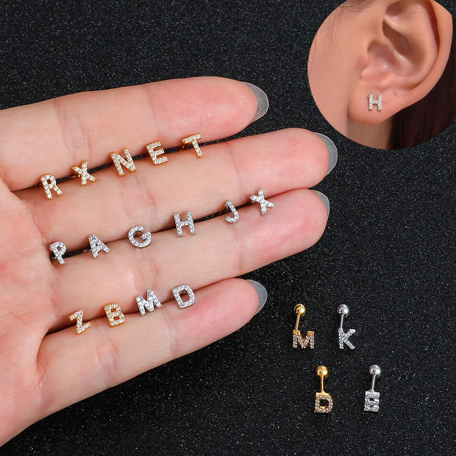 

Silvery color Inlaid Zircon 26 English Letter Piercing Stud Earrings For Women DIY Words Screw-back Ear Piercing Jewelry Gift