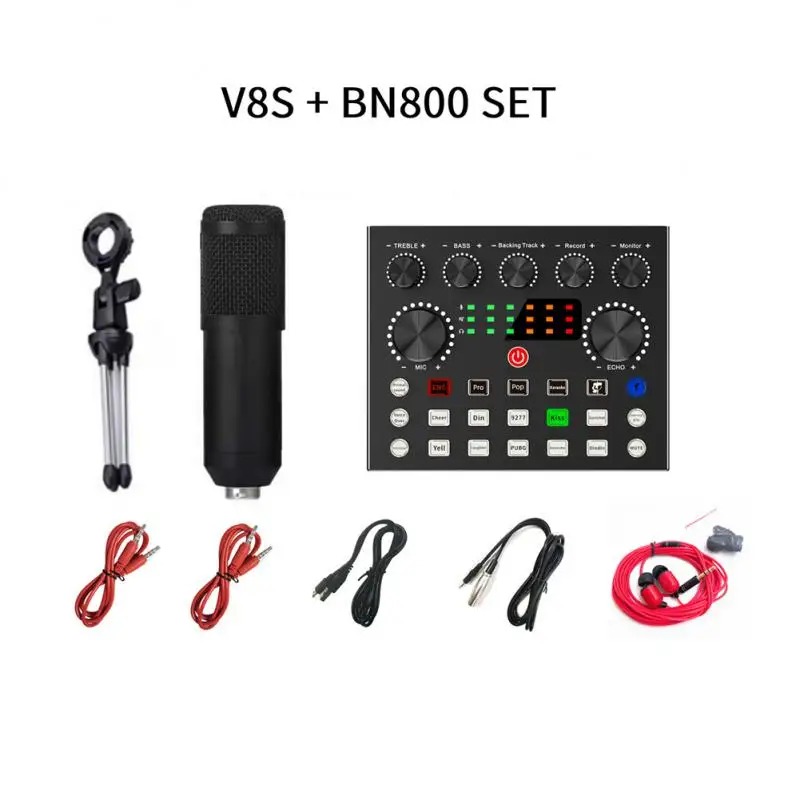 

Конденсаторный микрофон ПК BM800 с аудиомиксером V8S, внешняя звуковая карта USB, устройство для изменения голоса в реальном времени, звуковая ка...