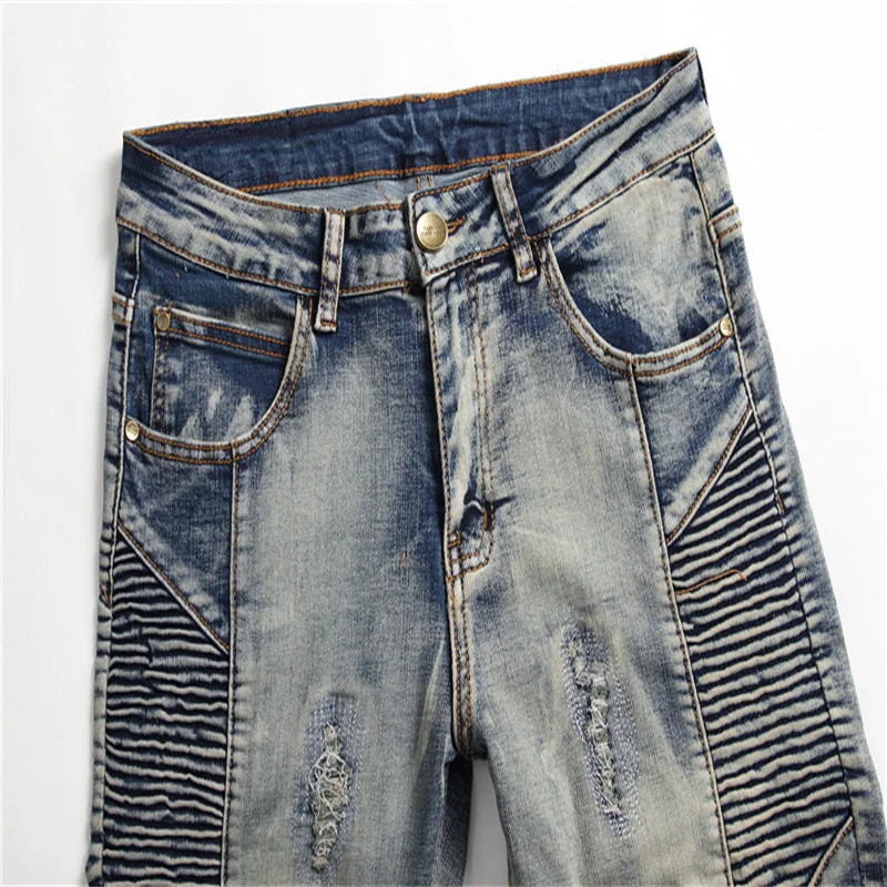 New Pleated Mens Clothing Trendy Streetwear Straight Leg Denim Pant Stretch Trousers Motorcycle Retro Vintage Biker Jeans Male