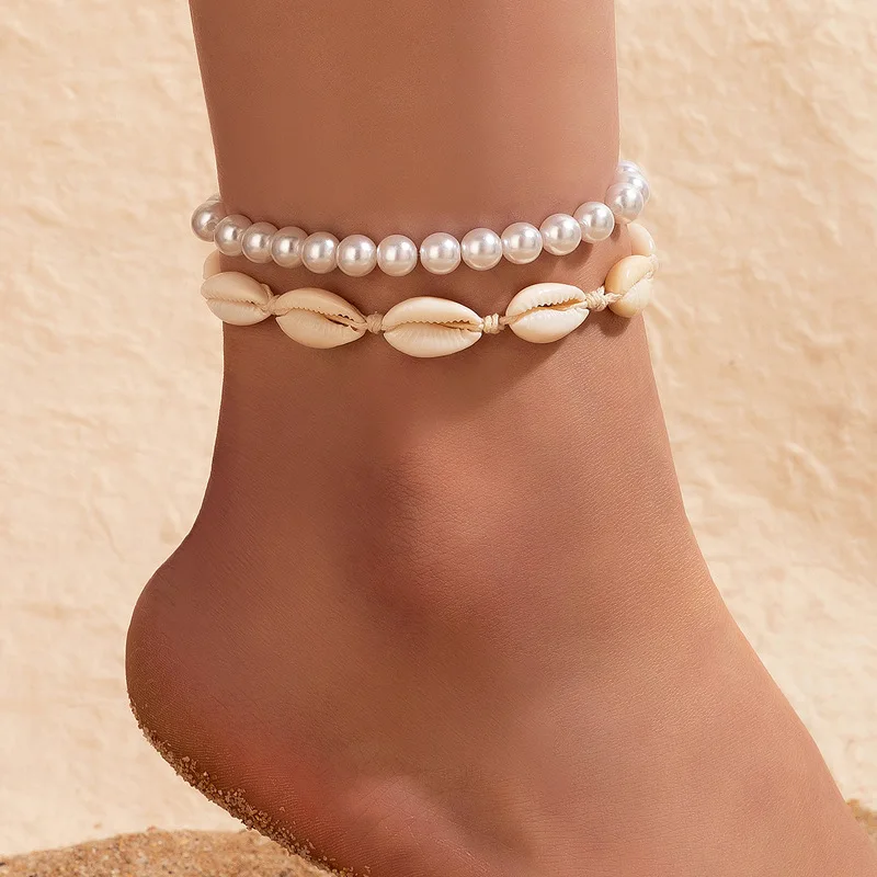 

New 2022 Summer Beach Pearl Beaded Double Layer Shell Braided Multi-layer Anklet