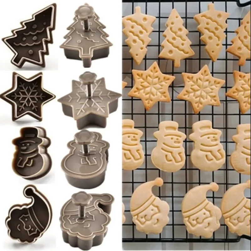 

4Pc/set Christmas Cookie Embosser Mold Cartoon Santa Snowflake Pattern Cookie Cutter New Year Party Fondant Cake Decorating Tool