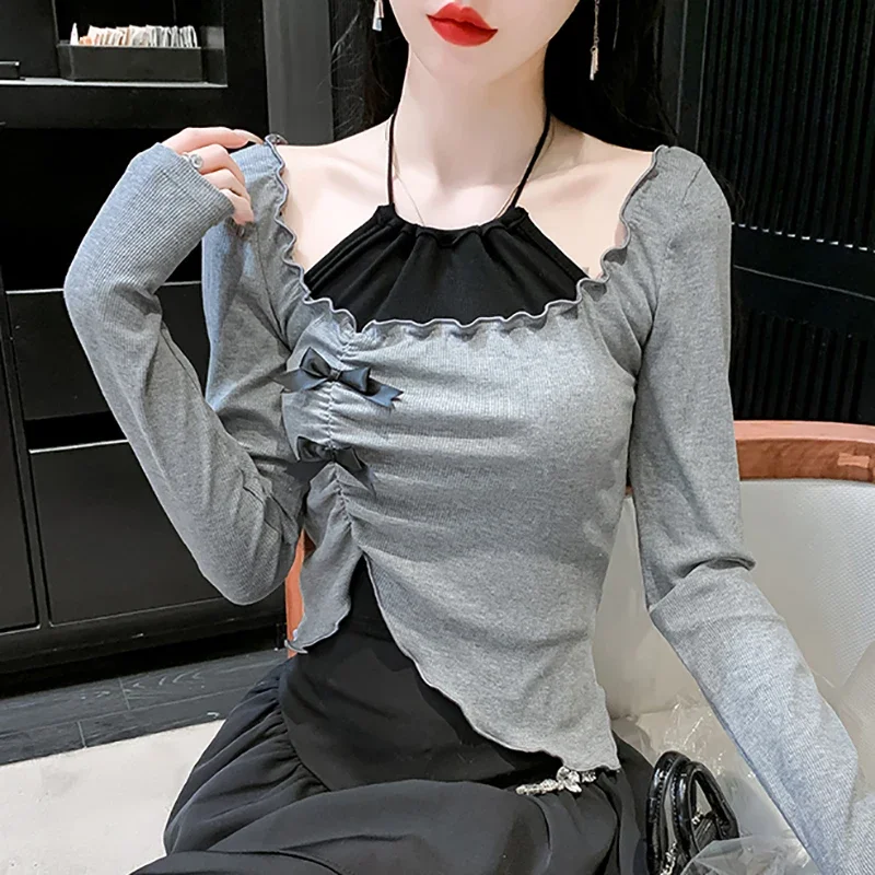 Женские милые футболки с длинным рукавом укороченные топы-туника бантом