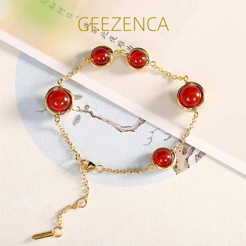 

Ожерелье и браслет GEEZENCA из серебра 925 пробы с красным агатом и золотым покрытием для женщин, Простые Ювелирные наборы ручной работы с драгоценными камнями, 2023, новый трендовый подарок