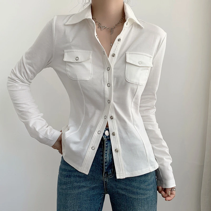 Autumn Spring Fashion Slim Sexy Solid Color Double Pockets Long Sleeve Lapel Women Casual Shirt Blouses Girl Skinny Top Vintage