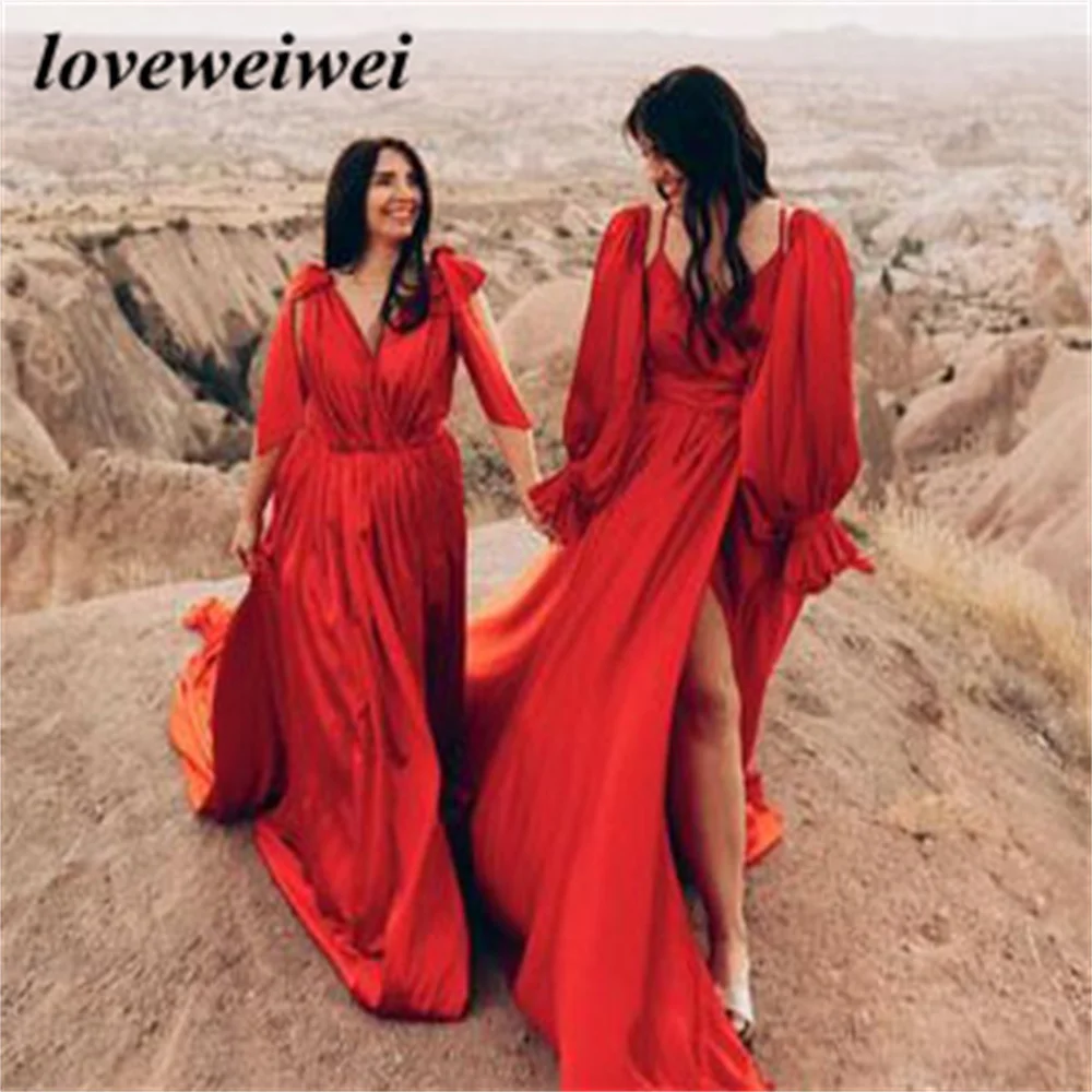 Шифоновые вечерние платья а-силуэта с V-образным вырезом и шлейфом |