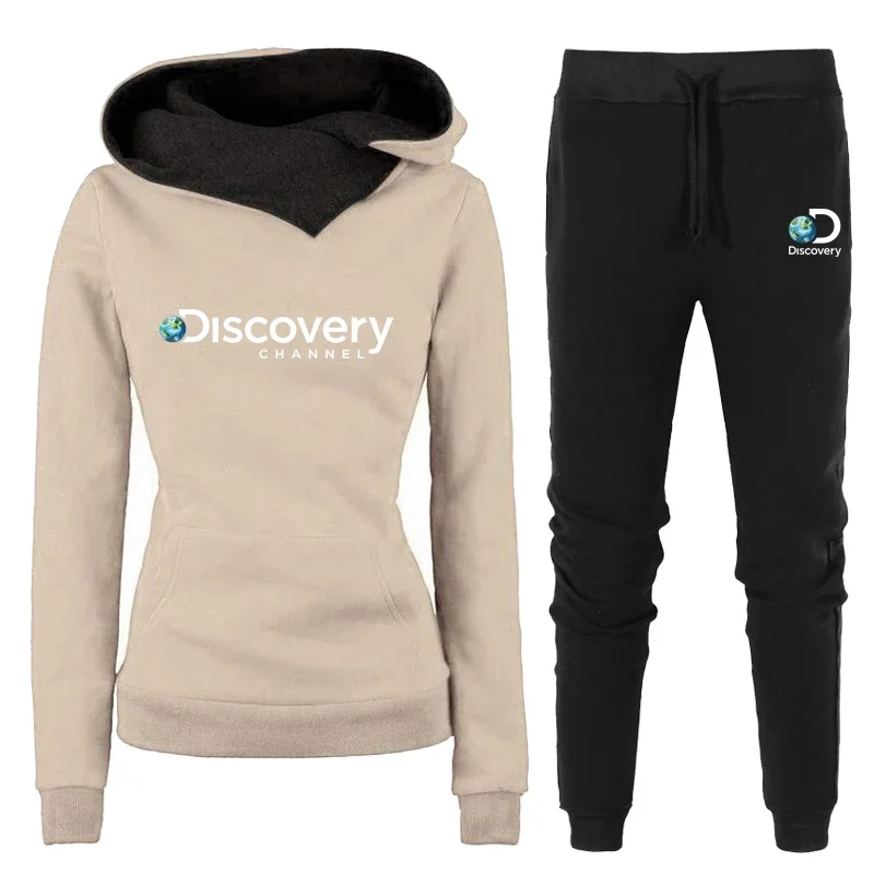 

Спортивный костюм для женщин Discovery, повседневные однотонные спортивные костюмы с капюшоном, Осенние теплые толстовки и штаны, флисовые комплекты из двух предметов