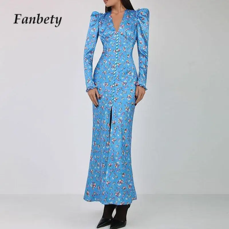 

Осеннее облегающее длинное платье с V-образным вырезом и длинным рукавом, французское Цветочное платье с прямоугольным плечом, винтажное женское платье с высокой талией и разрезом, 2023