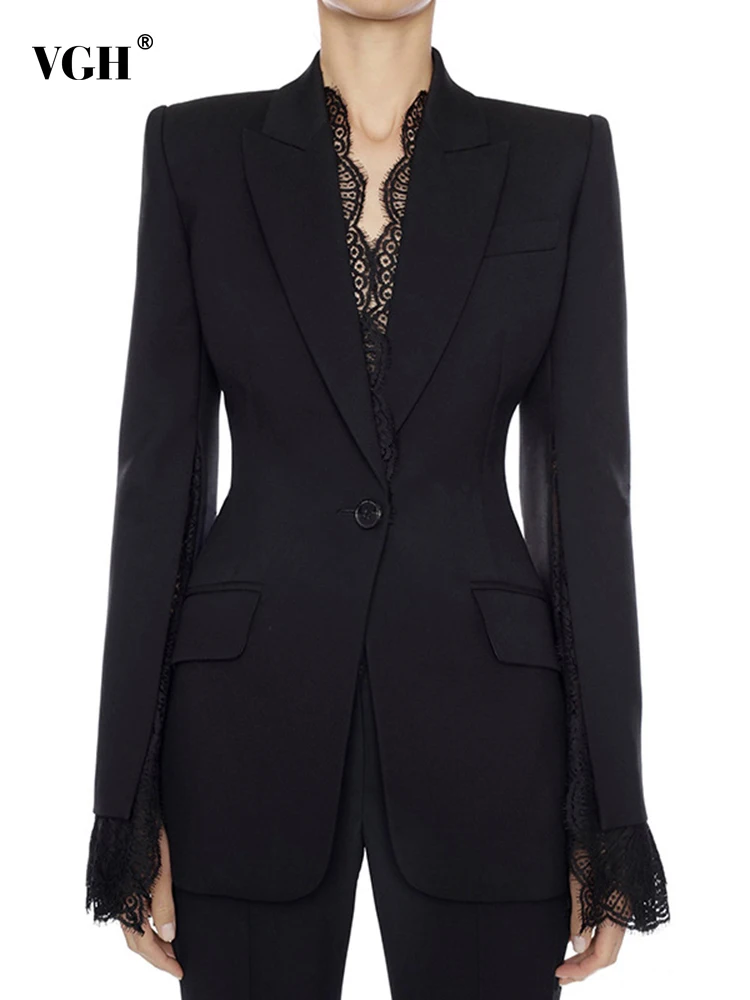 

VGH Slim Solid Elegant Blazer For Women Notched Collar Long Sleeve Lace Panel Blazers Female Autumn Clothing Style 2022 Fashion