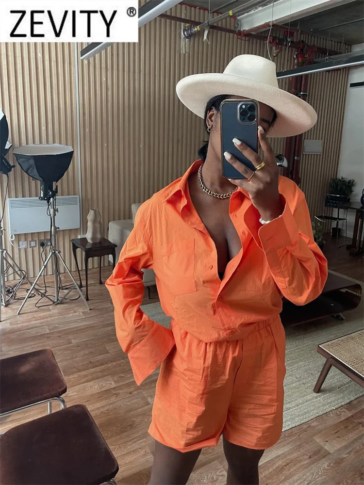 

Zevity 2021 Women Simply Orange Color Single Breasted Casual Shirt Blouse Office Lady Long Sleeve Roupas Chic Blusas Tops LS9574