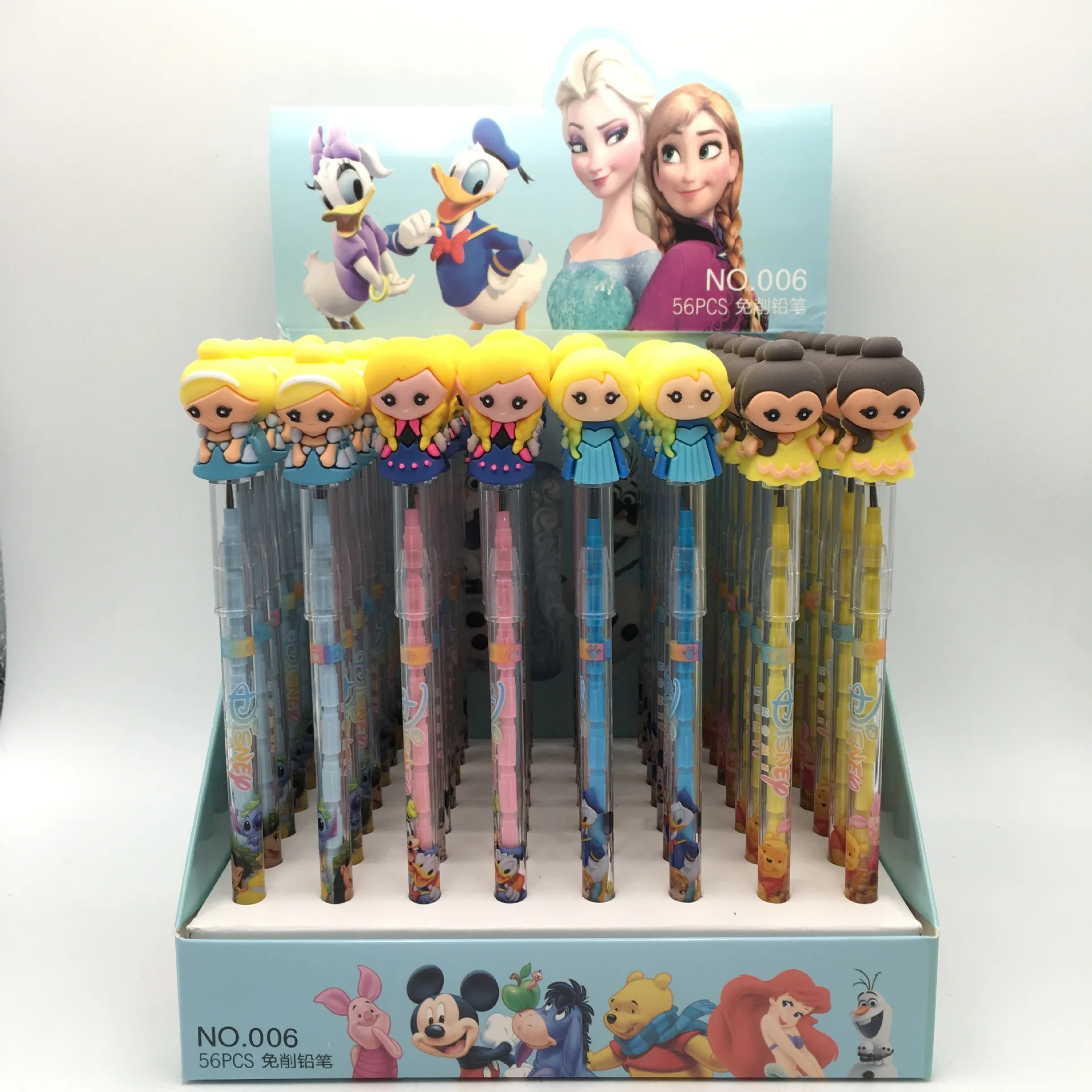Jardim de Infância dos Desenhos Gelo e Neve Disney Animados Lápis Papelaria Presente Bonito Silicone Cabeça Menina Coração Princesa Boneca Livre 56 Pçs