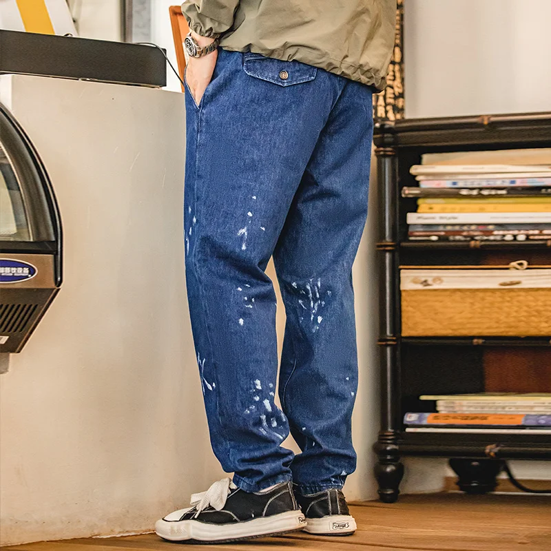 Maden Casual Denim Jeans For Men Elastic Waist Loose Straight Long Pants Dark Blue Baggy Trousers Streetwear Brand Clothing