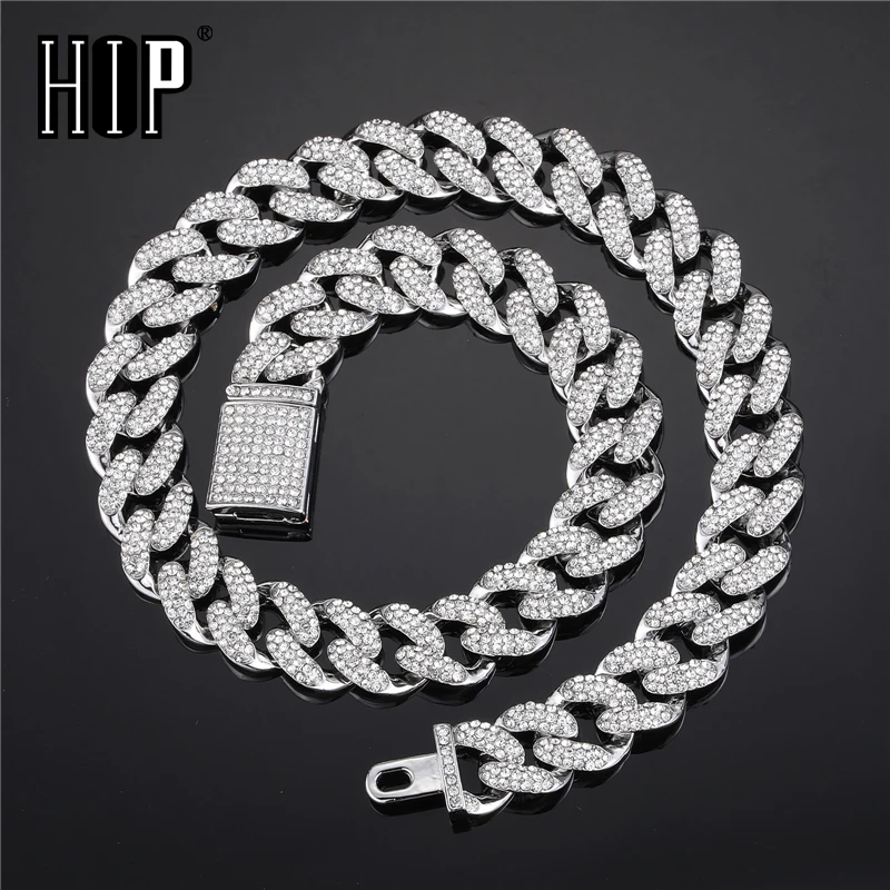 

Hip Hop 15MM Miami Box Buckle Cuban Chain Bling Iced Out Rhinestone Necklaces & Bracelets 18/20/24/ Inch For Men Jewelry