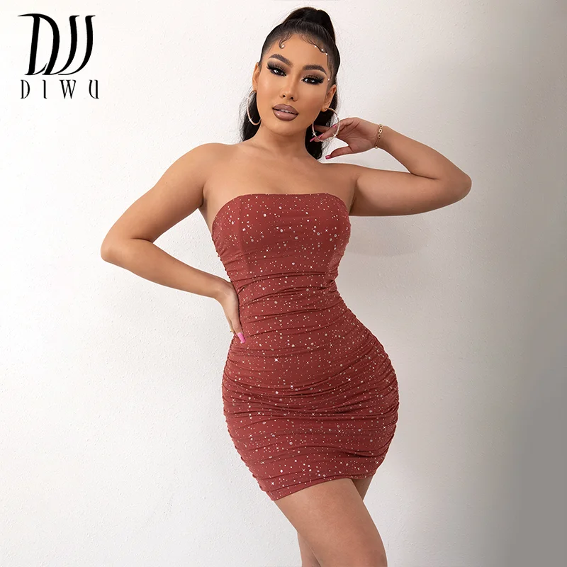 

DIWU New Real Boned Strapless Ruched Corset Dress With Lined Elastic Mesh Streetwear Casual Outfits Bodycon Women Mini Dress