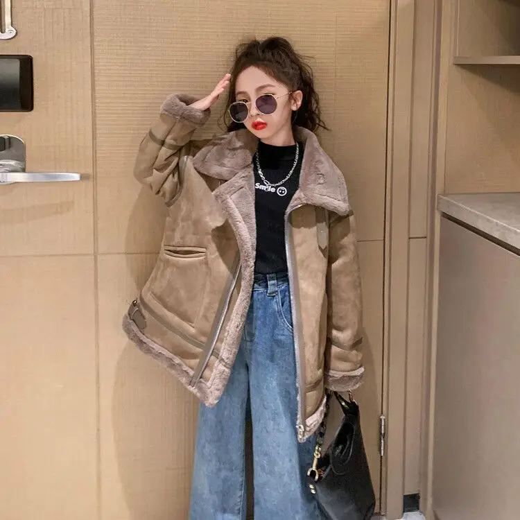

Winter Girls Thick Warm Vintage Motorcycle Warmthing Thicken Short Leather Jacket Children Keep Warm Coat Street Cool Girl Tops
