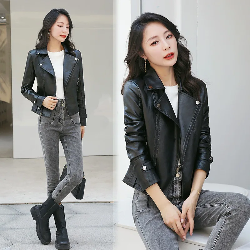 2022 Autumn Women's PU Motorcycle Leather Women's Short Korean Slim Fit Coat Skinny Leather Jacket Beige White Leather Top