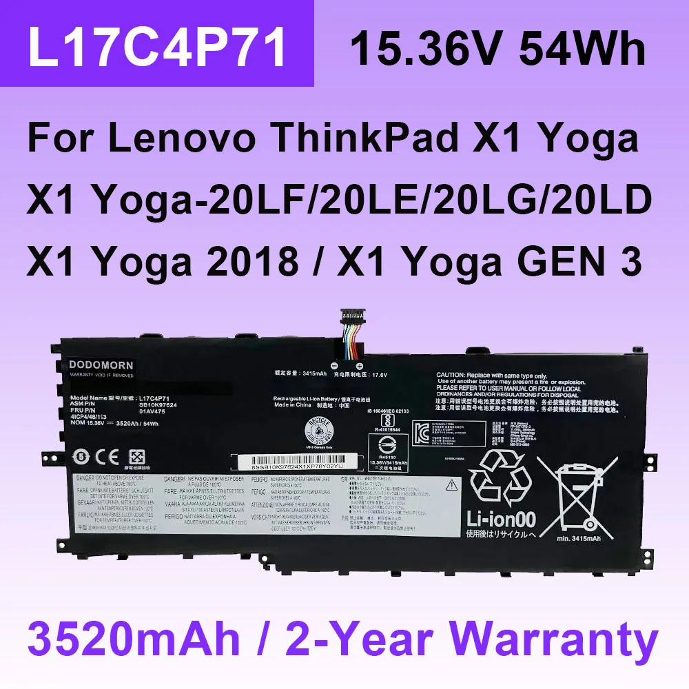 L17C4P71 01AV475 для Lenovo ThinkPad X1 Yoga Gen 3/2018 20LE 20LD 20LG 20LF Series аккумулятор ноутбука L17M4P71 01AV474