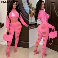 fagadoer hollow out two piece set women pink letter print tracksuits long sleeve cropped hoodies skinny pants autumn sexy outfit