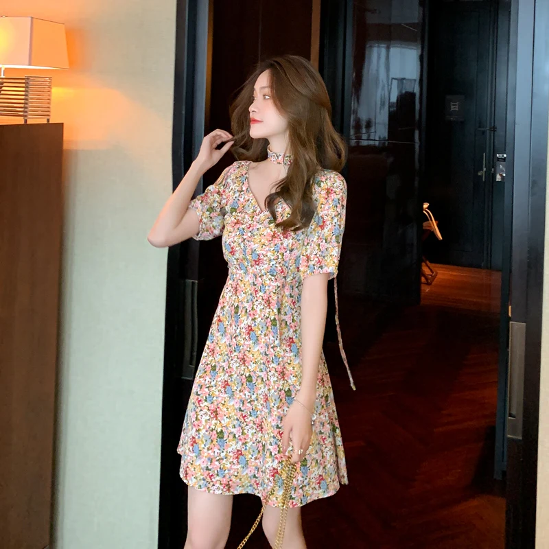 

COIGARSAM Summer Dress Women 2022 New French Style Vintage Chiffon Print V-Neck Floral Dresses Dropshipping