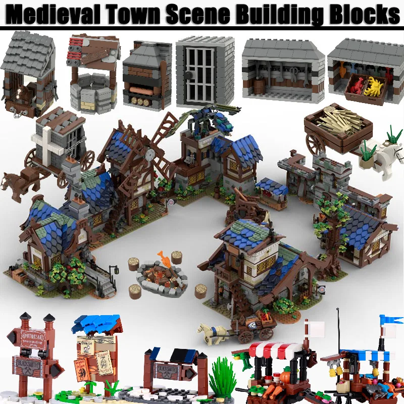 

Конструктор MOC средневековый замок, городской рынок, уличный вид, дом среднего возраста, коттедж, каретка, бюллетень, кирпичи водяной стены, игрушки