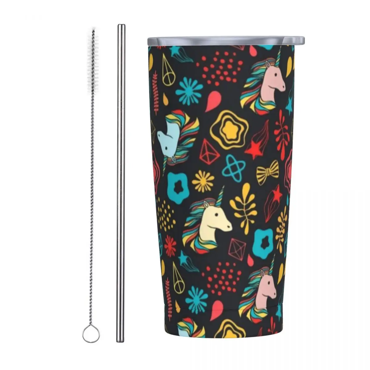 Кружка кофейная из нержавеющей стали в виде единорога с соломинкой и крышкой