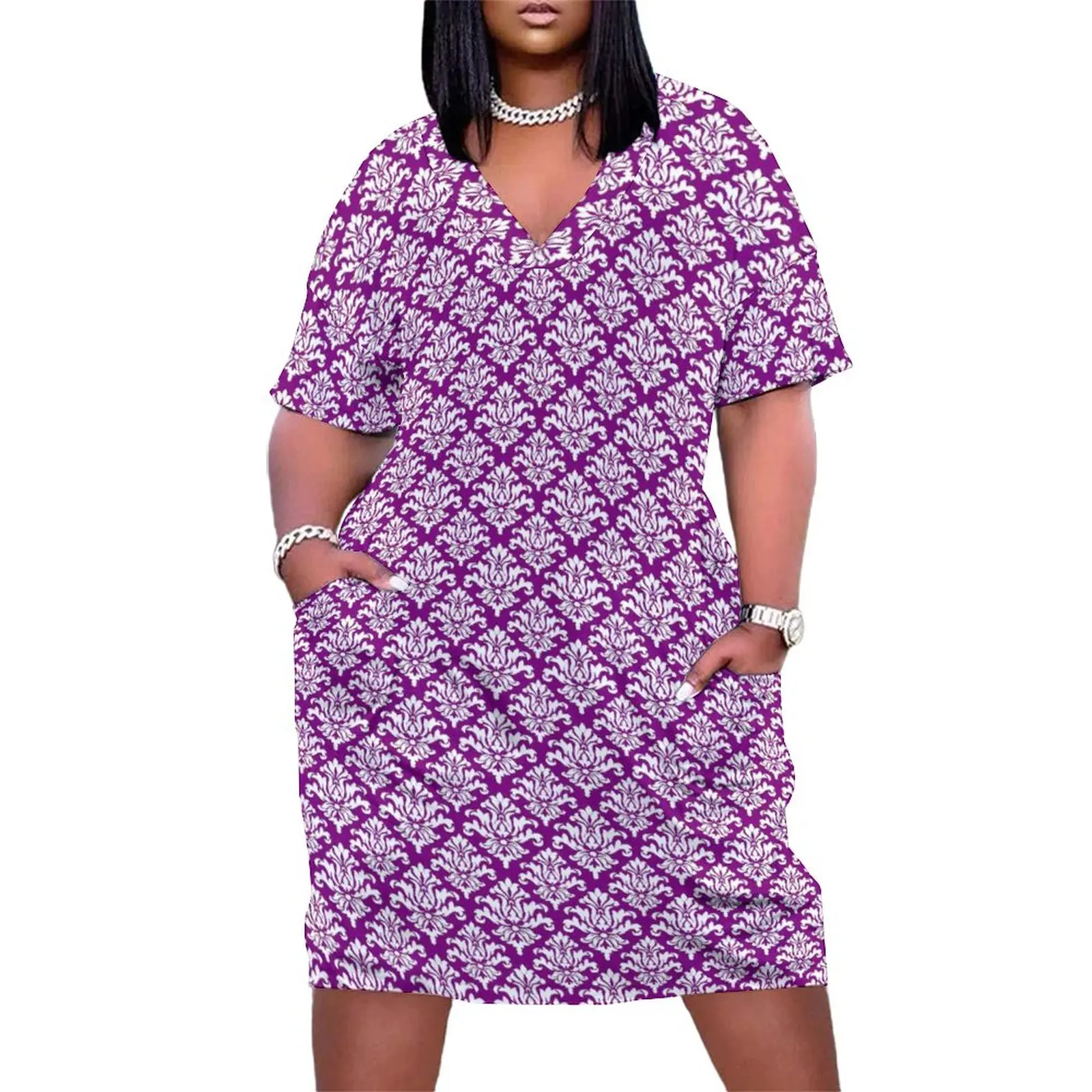 

Purple Damask Dress V Neck Vintage Print Aesthetic Dresses Spring Vintage Casual Dress Ladies Graphic Oversize Clothes